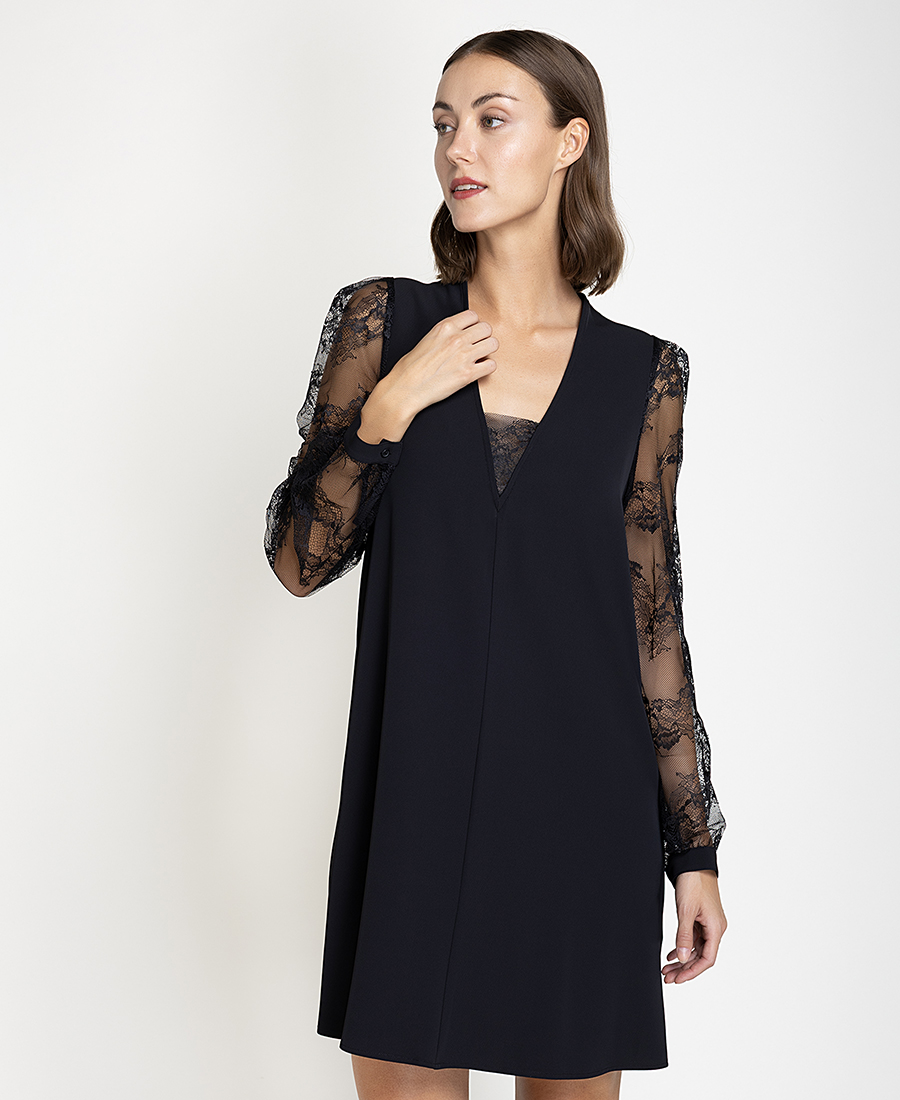 Pennyblack Γυναικείο Μαύρο Mini Φόρεμα Με Δαντελένια Μανίκια Και Ντεκολτέ Για Βραδινές & Formal Εμφανίσεις