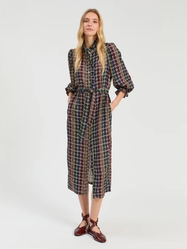 Vilagallo Γυναικείο Εμπριμέ Midi Φόρεμα Με Γεωμετρικό Μοτίβο Και Ζώνη Για Statement All-Day Εμφανίσεις