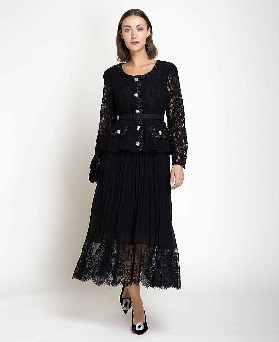 Paper Lace Γυναικείο Μαύρο Maxi Φόρεμα Με Δαντέλα, Πλισέ Φούστα Και Διακοσμητικά Κουμπιά Για Elegant & Formal Εμφανίσεις