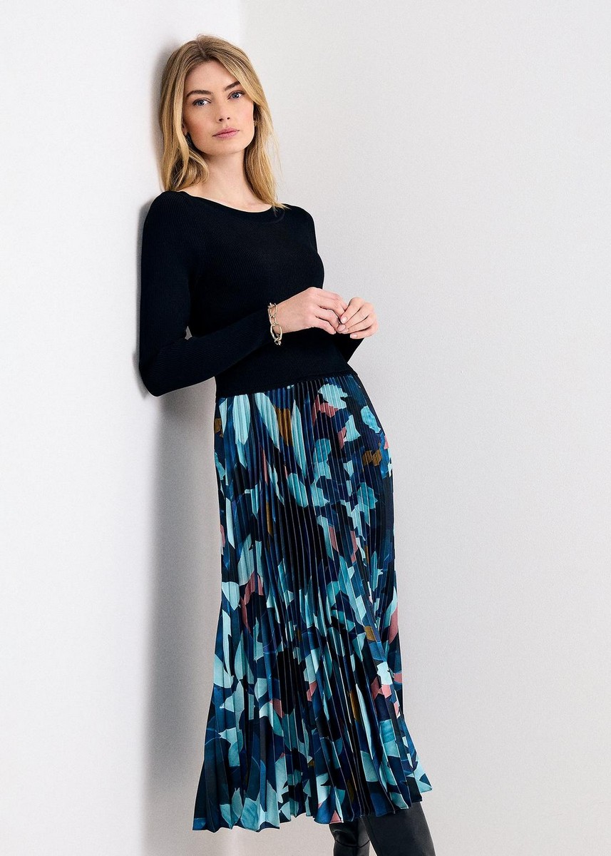 Phase Eight Γυναικείο Πλεκτό Midi Φόρεμα Regular Fit Με Εμπριμέ Μοτίβο Και Πλισέ Φούστα Για Business & Smart Casual Εμφανίσεις