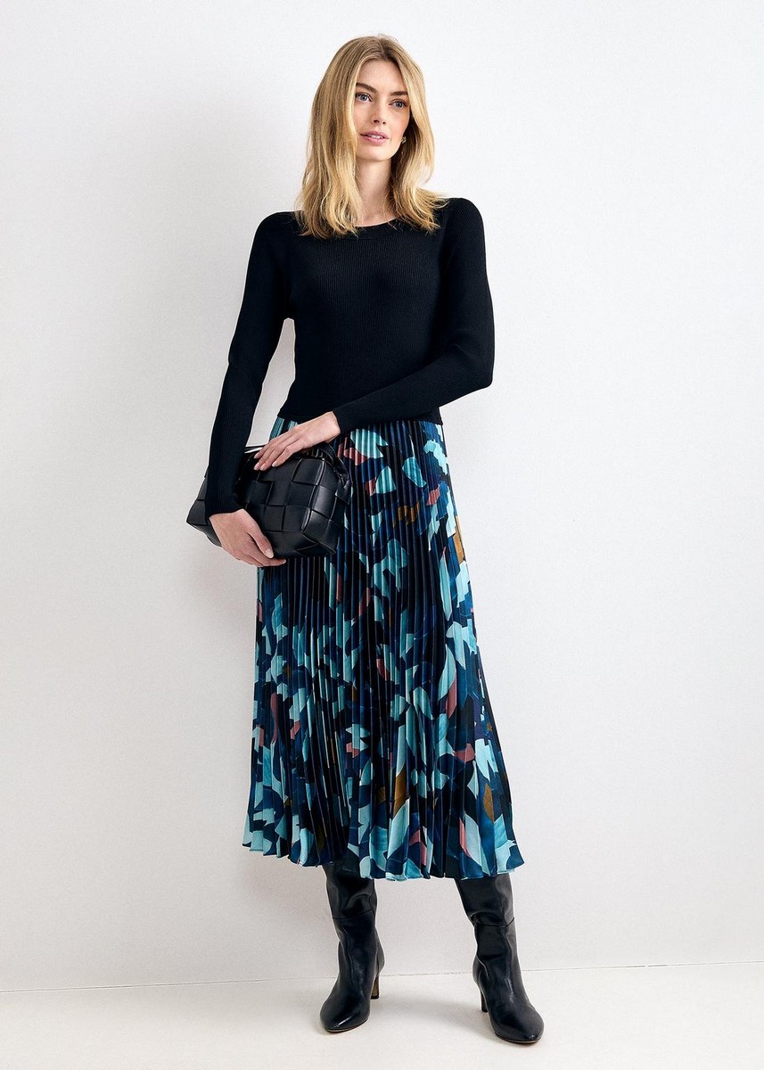 Phase Eight Γυναικείο Πλεκτό Midi Φόρεμα Regular Fit Με Εμπριμέ Μοτίβο Και Πλισέ Φούστα Για Business & Smart Casual Εμφανίσεις