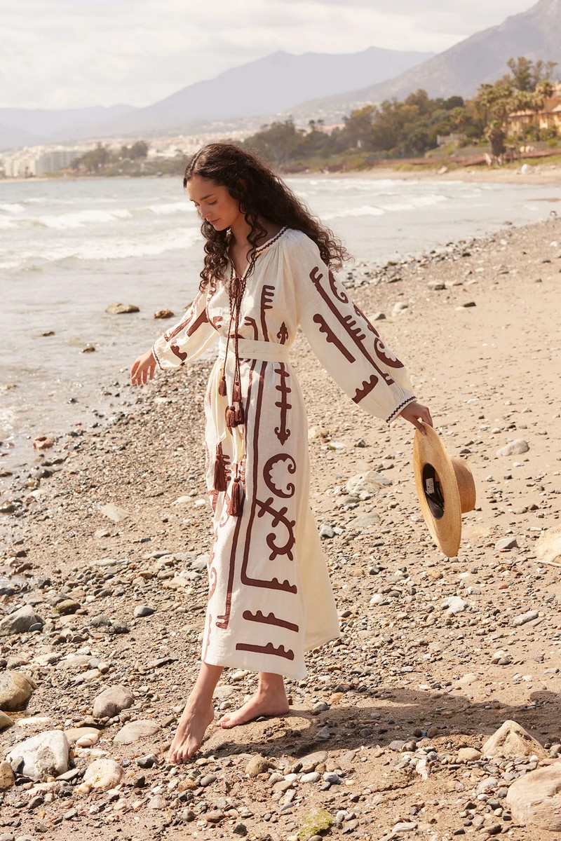 Γυναικείο Μακρύ Καφτάνι/Φόρεμα Από 100% Βαμβάκι Με Γεωμετρικά Κεντήματα φωτογραφία