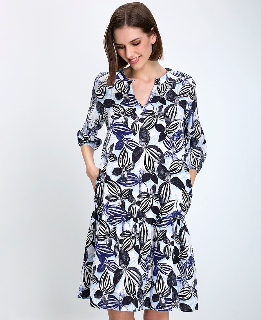 Gerry Weber Γυναικείο Φόρεμα Regular Fit Λινό Με Λουλουδάτο Μοτίβο Και Λαιμόκοψη V