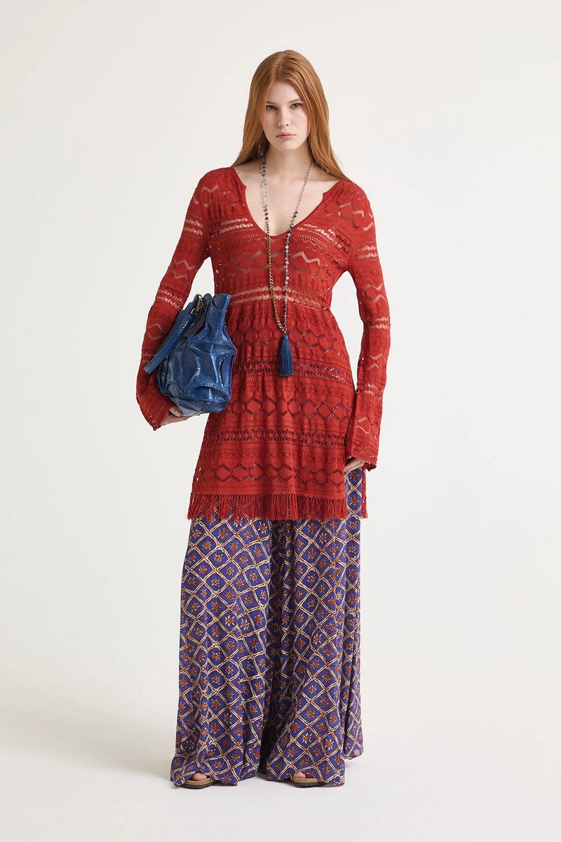 Maliparmi Γυναικείο Πλεκτό Καφτάνι με Δαντελέ Πλέξη, Κρόσσια και Σκισίματα Regular Fit σε Κόκκινο φωτογραφία