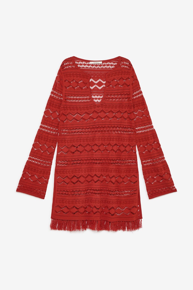 Maliparmi Γυναικείο Πλεκτό Καφτάνι με Δαντελέ Πλέξη, Κρόσσια και Σκισίματα Regular Fit σε Κόκκινο φωτογραφία