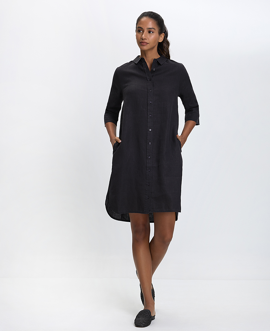 Γυναικείο Σεμιζιέ Comfort Fit Λινό Με Κουμπιά Μαύρο φωτογραφία