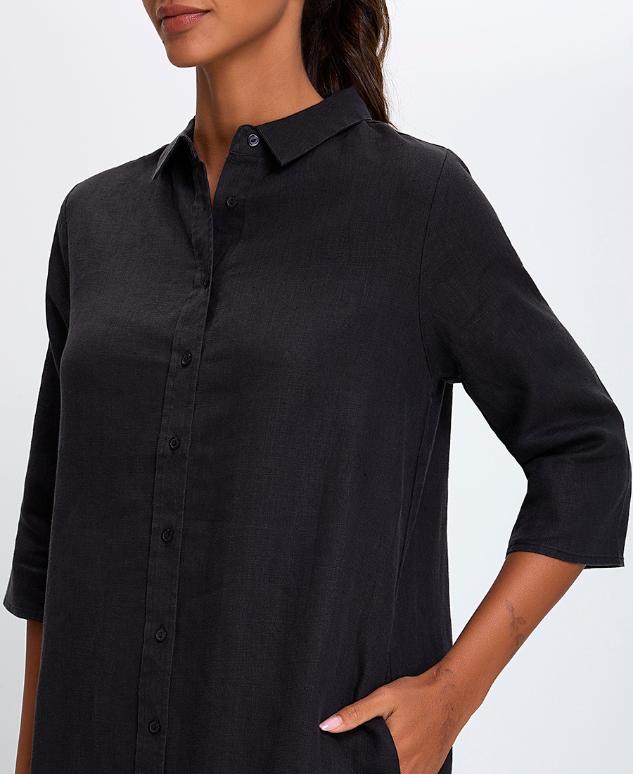 Γυναικείο Σεμιζιέ Comfort Fit Λινό Με Κουμπιά Μαύρο φωτογραφία