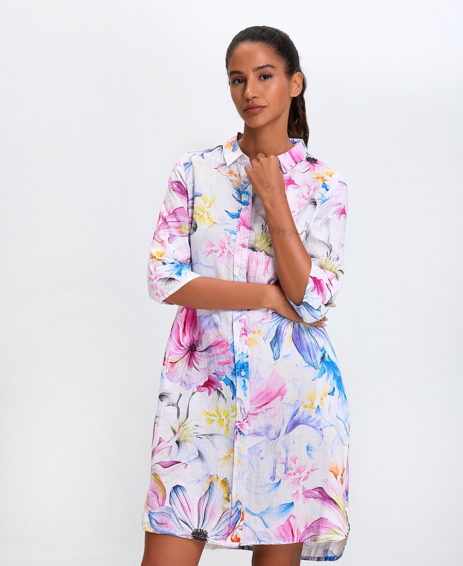 Clarina Γυναικείο Σεμιζιέ Comfort Fit Λινό Με Φλοράλ Μοτίβο Πολύχρωμο