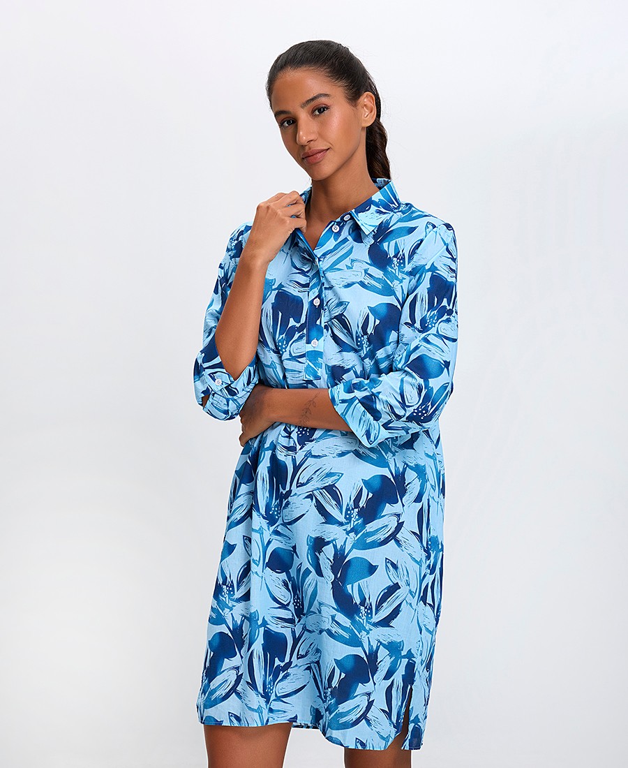 Clarina Γυναικείο Σεμιζιέ Φόρεμα Βαμβακερό Με Λουλουδάτο Μοτίβο Regular Fit σε Μπλε