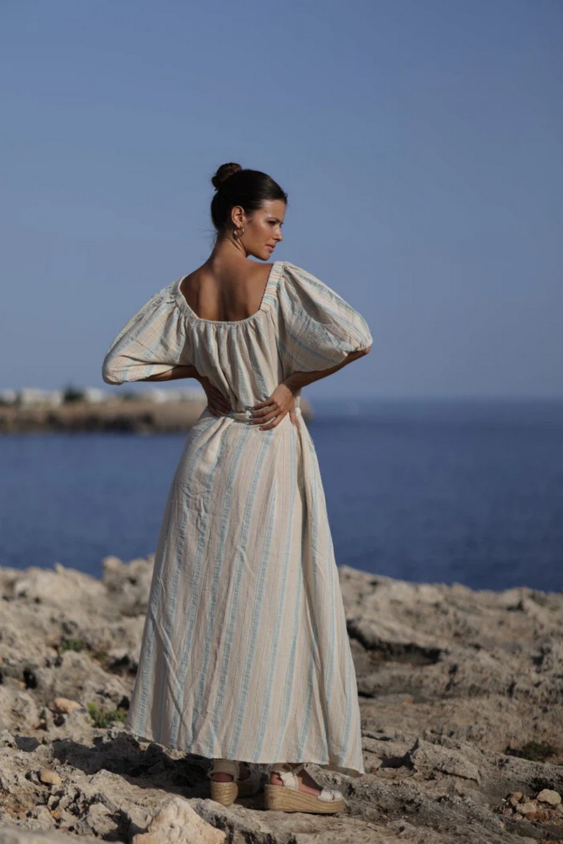 Luna Llena Γυναικείο Μακρύ Φόρεμα Βαμβακερό με Ζώνη και Ριγέ Σχέδιο Regular Fit σε Μπεζ φωτογραφία