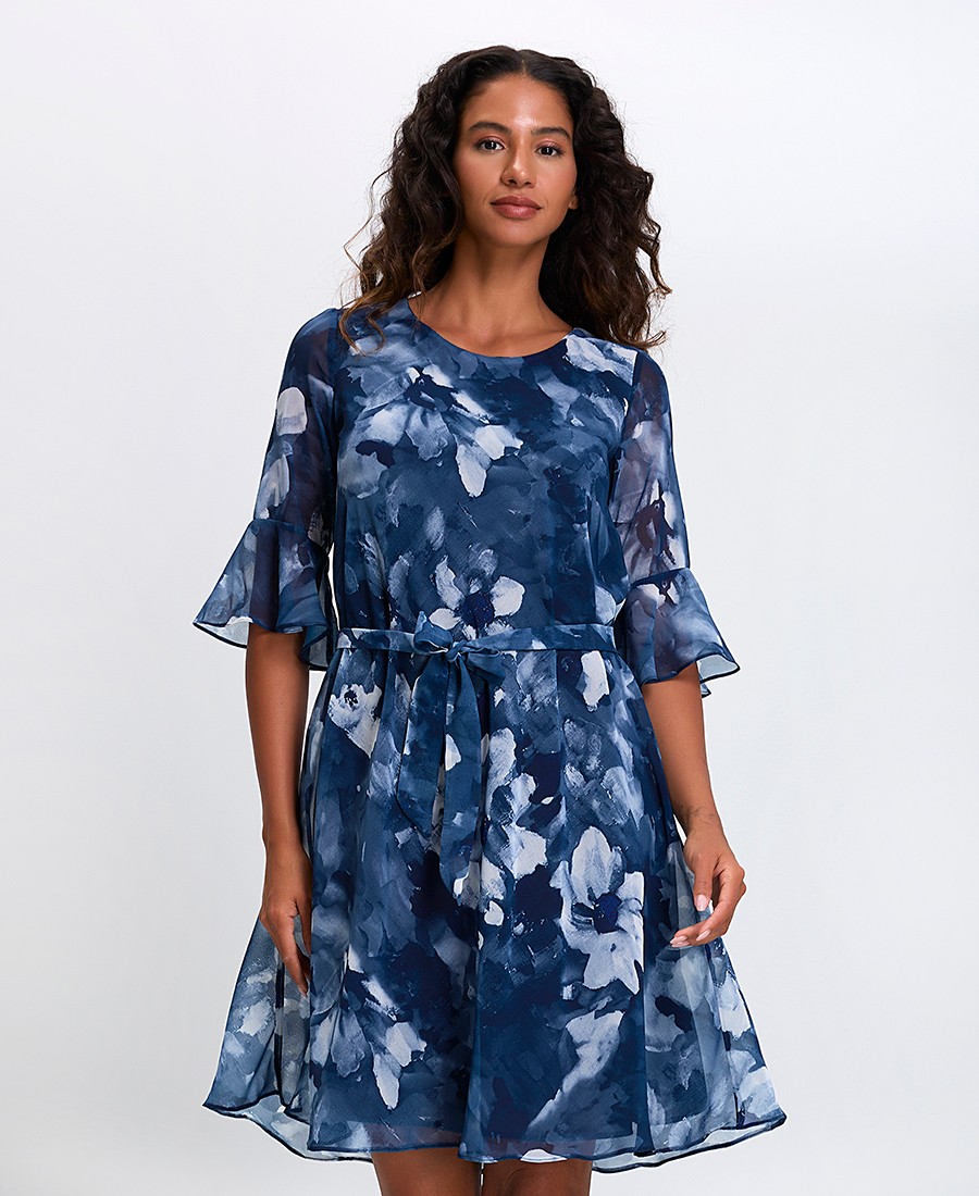 Γυναικείο Φόρεμα Regular Fit Πολυεστερικό Με Λουλουδάτο Μοτίβο Μπλε