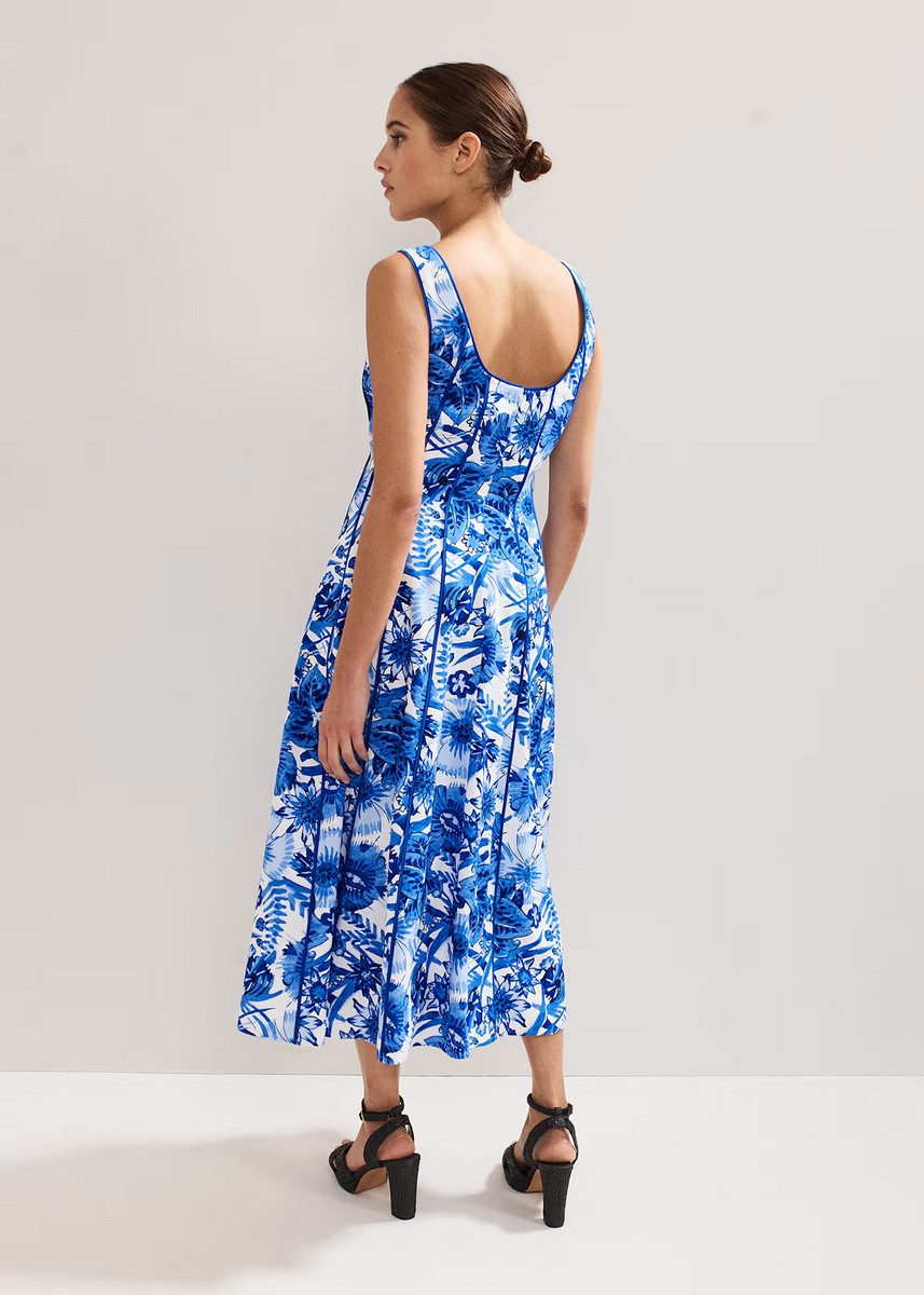 Phase Eight Γυναικείο Midi Φόρεμα με Floral Μοτίβο και Λεπτομέρεια Piping Regular Fit σε Μπλε φωτογραφία