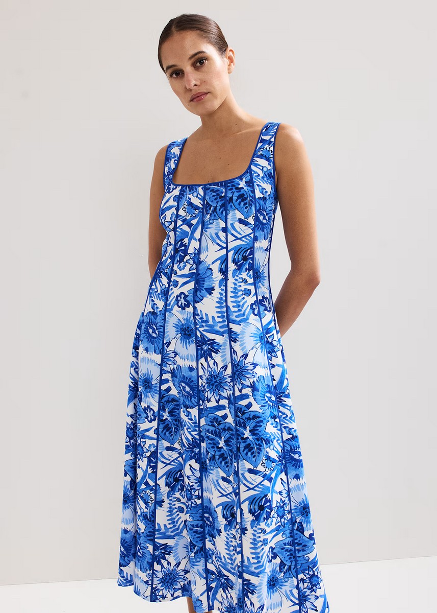 Phase Eight Γυναικείο Midi Φόρεμα με Floral Μοτίβο και Λεπτομέρεια Piping Regular Fit σε Μπλε φωτογραφία