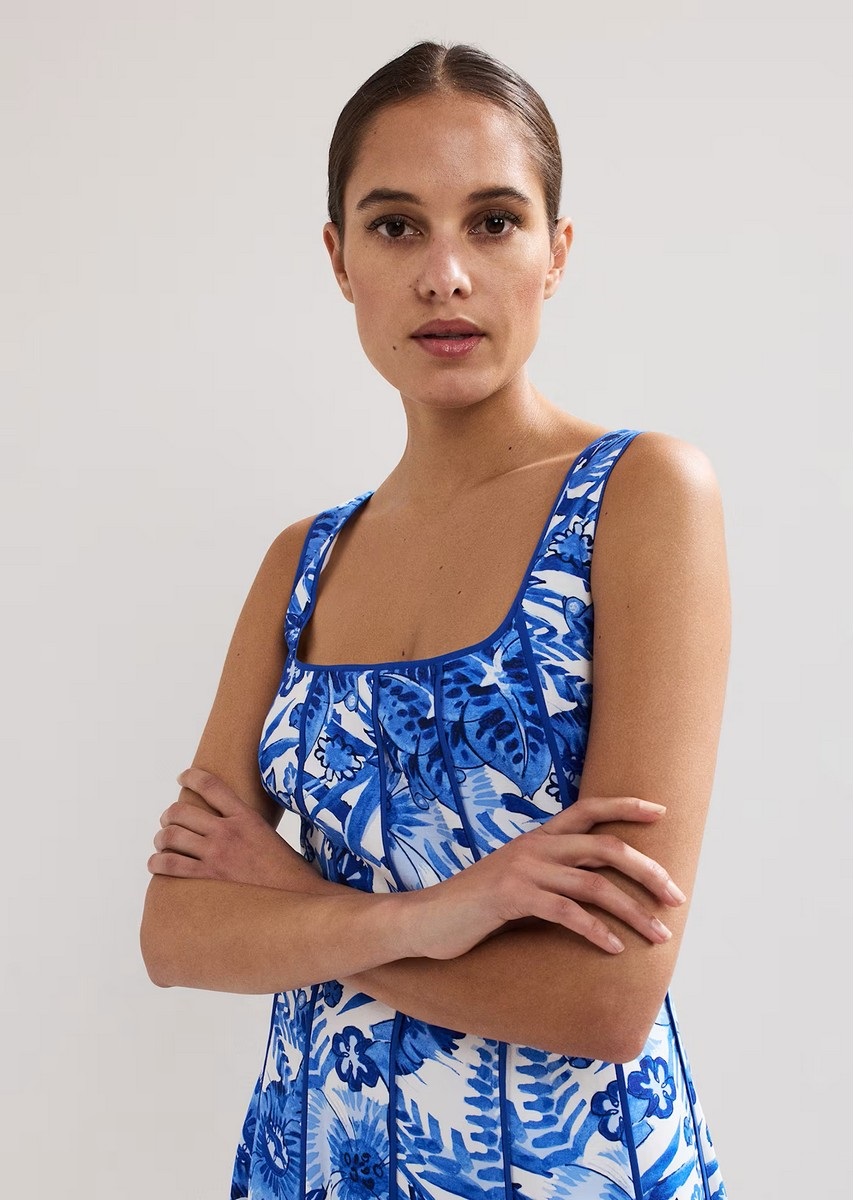 Phase Eight Γυναικείο Midi Φόρεμα με Floral Μοτίβο και Λεπτομέρεια Piping Regular Fit σε Μπλε φωτογραφία