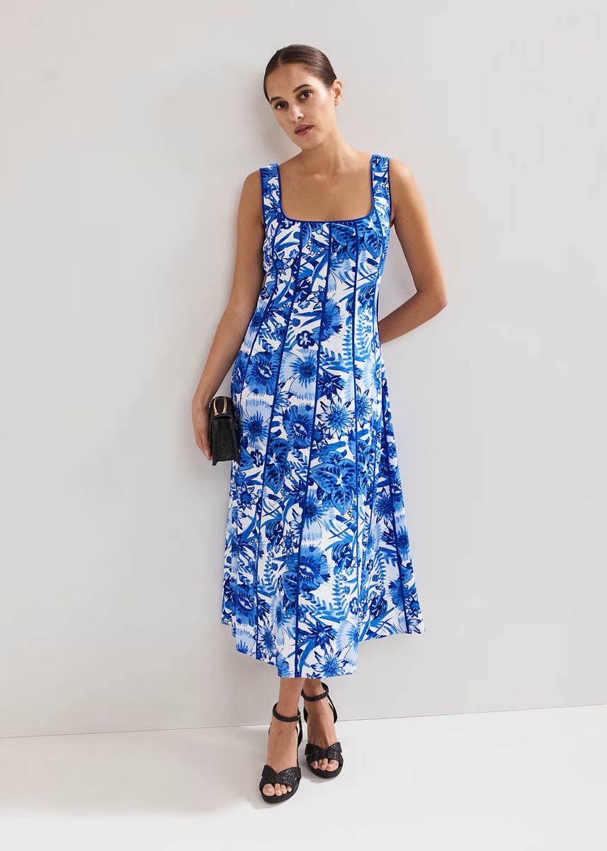 Phase Eight Phase Eight Γυναικείο Midi Φόρεμα με Floral Μοτίβο και Λεπτομέρεια Piping Regular Fit σε Μπλε