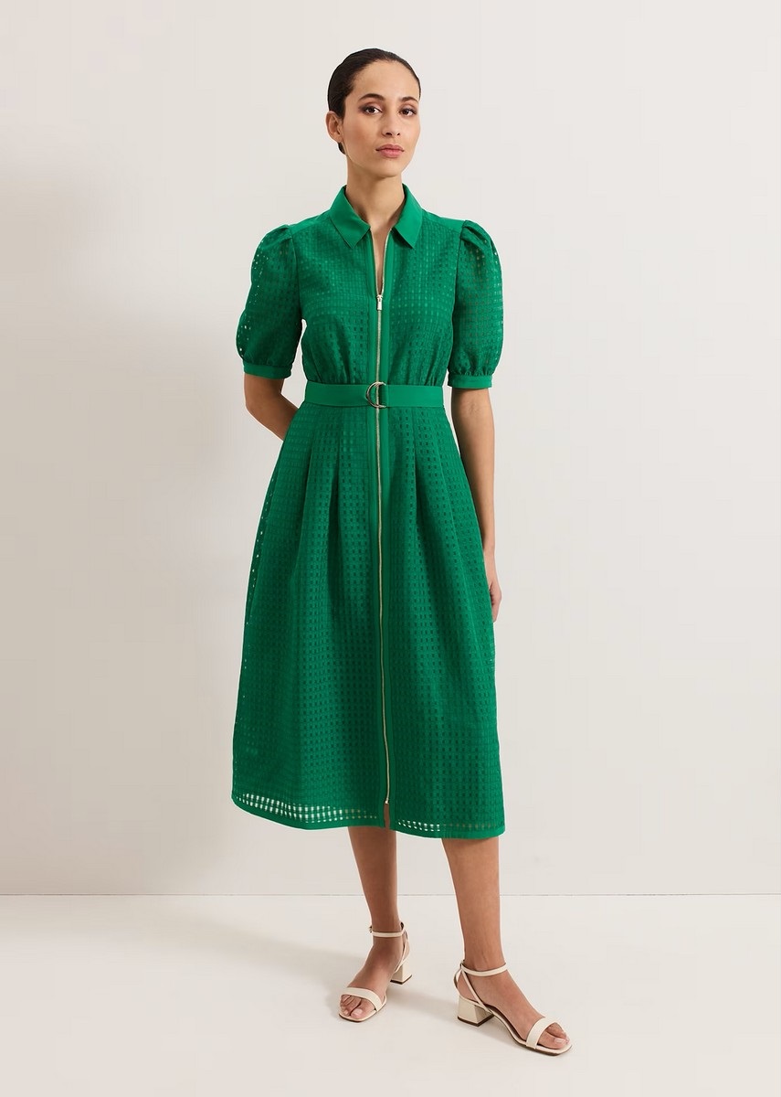 Phase Eight Γυναικείο Midi Φόρεμα με Καρό Ανάγλυφο Σχέδιο Regular Fit σε Πράσινο φωτογραφία