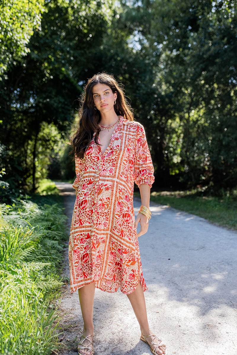 Mina Roo Γυναικείο Φόρεμα Regular Φόρμα Βισκόζη Με Boho Print Κόκκινο