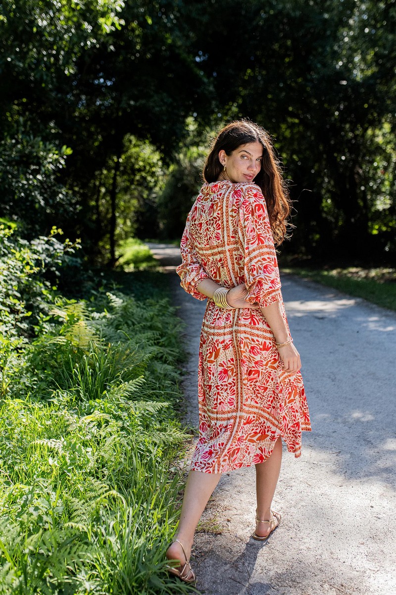 Γυναικείο Φόρεμα Regular Φόρμα Βισκόζη Με Boho Print Κόκκινο φωτογραφία