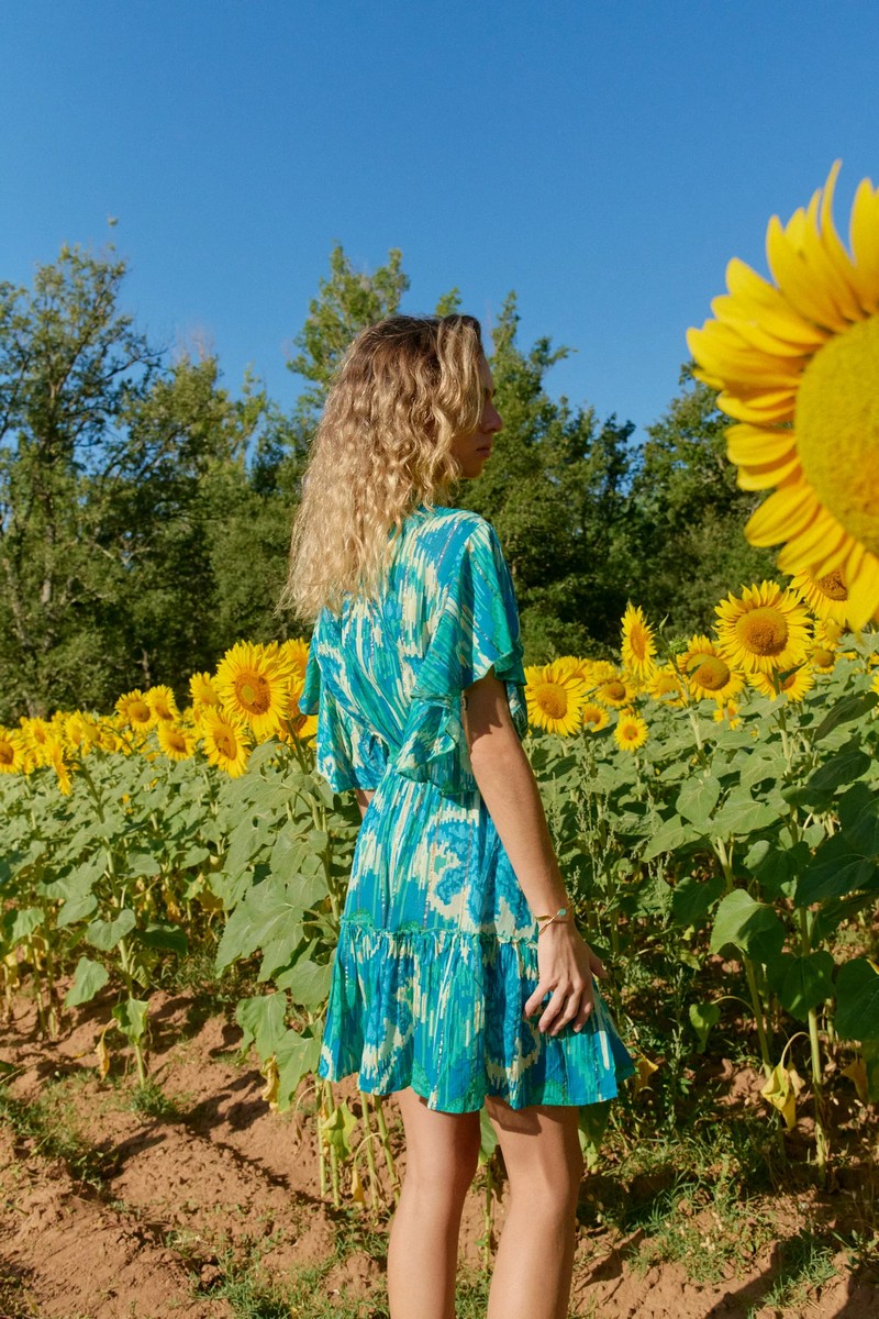 Γυναικείο Μίνι Φόρεμα Regular Fit Βισκόζη Με Λεπτομέρειες Δεσίματος Τιρκουάζ/Μπλε φωτογραφία