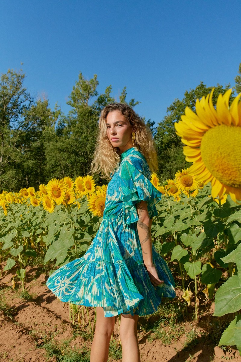 Γυναικείο Μίνι Φόρεμα Regular Fit Βισκόζη Με Λεπτομέρειες Δεσίματος Τιρκουάζ/Μπλε φωτογραφία