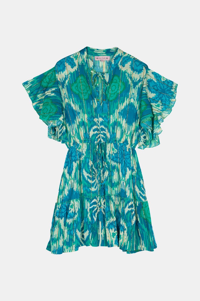 Γυναικείο Μίνι Φόρεμα Regular Fit Βισκόζη Με Λεπτομέρειες Δεσίματος Τιρκουάζ/Μπλε φωτογραφία