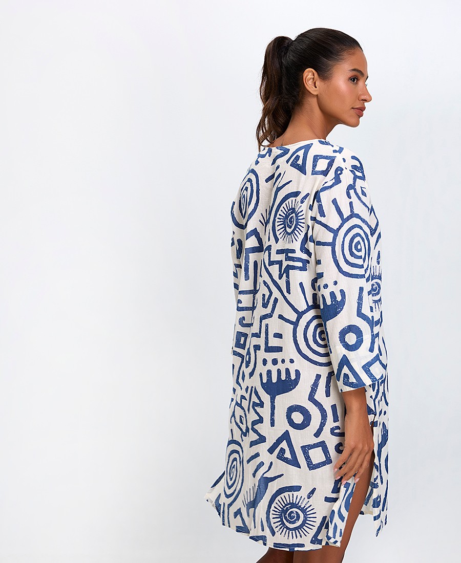 Γυναικείο Φόρεμα Βαμβακερό με V-Λαιμόκοψη και Κορδόνι Relaxed Fit σε Μπλε/Λευκό φωτογραφία