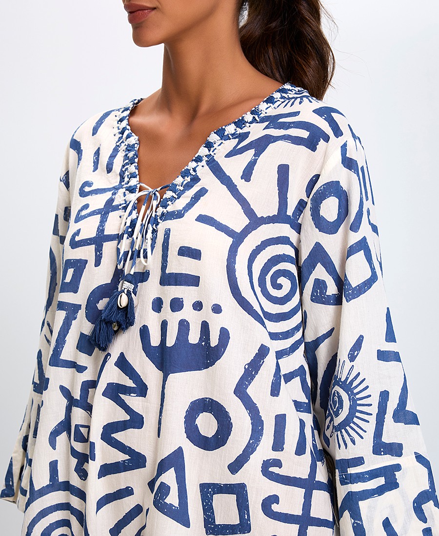 Γυναικείο Φόρεμα Βαμβακερό με V-Λαιμόκοψη και Κορδόνι Relaxed Fit σε Μπλε/Λευκό φωτογραφία