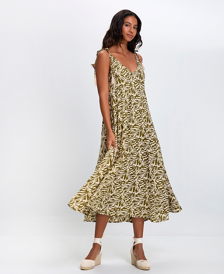 Mina Roo Γυναικείο Φόρεμα Βαμβακερό All Over Print με Δεσίματα στους Ώμους