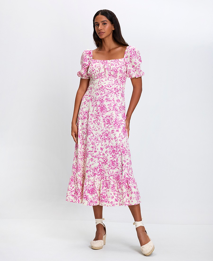 Γυναικείο Midi Φόρεμα Floral με Τετράγωνη Λαιμόκοψη και Puff Μανίκια σε Ροζ Εμπριμέ