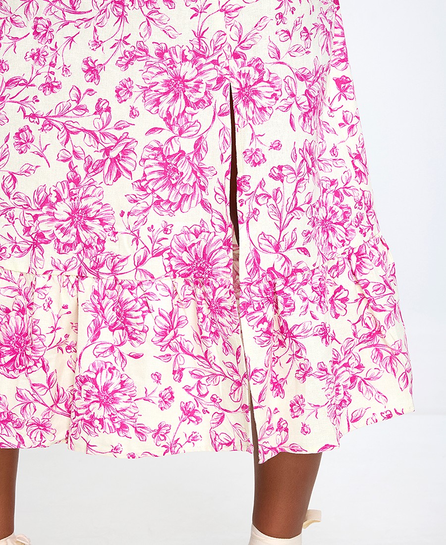 Γυναικείο Midi Φόρεμα Floral με Τετράγωνη Λαιμόκοψη και Puff Μανίκια σε Ροζ Εμπριμέ φωτογραφία