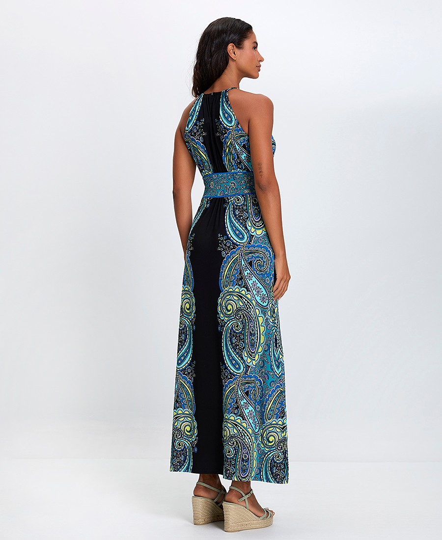 Γυναικείο Μακρύ Φόρεμα με Μποέμ Μοτίβο Regular Fit σε Μαύρο/Μπλε φωτογραφία