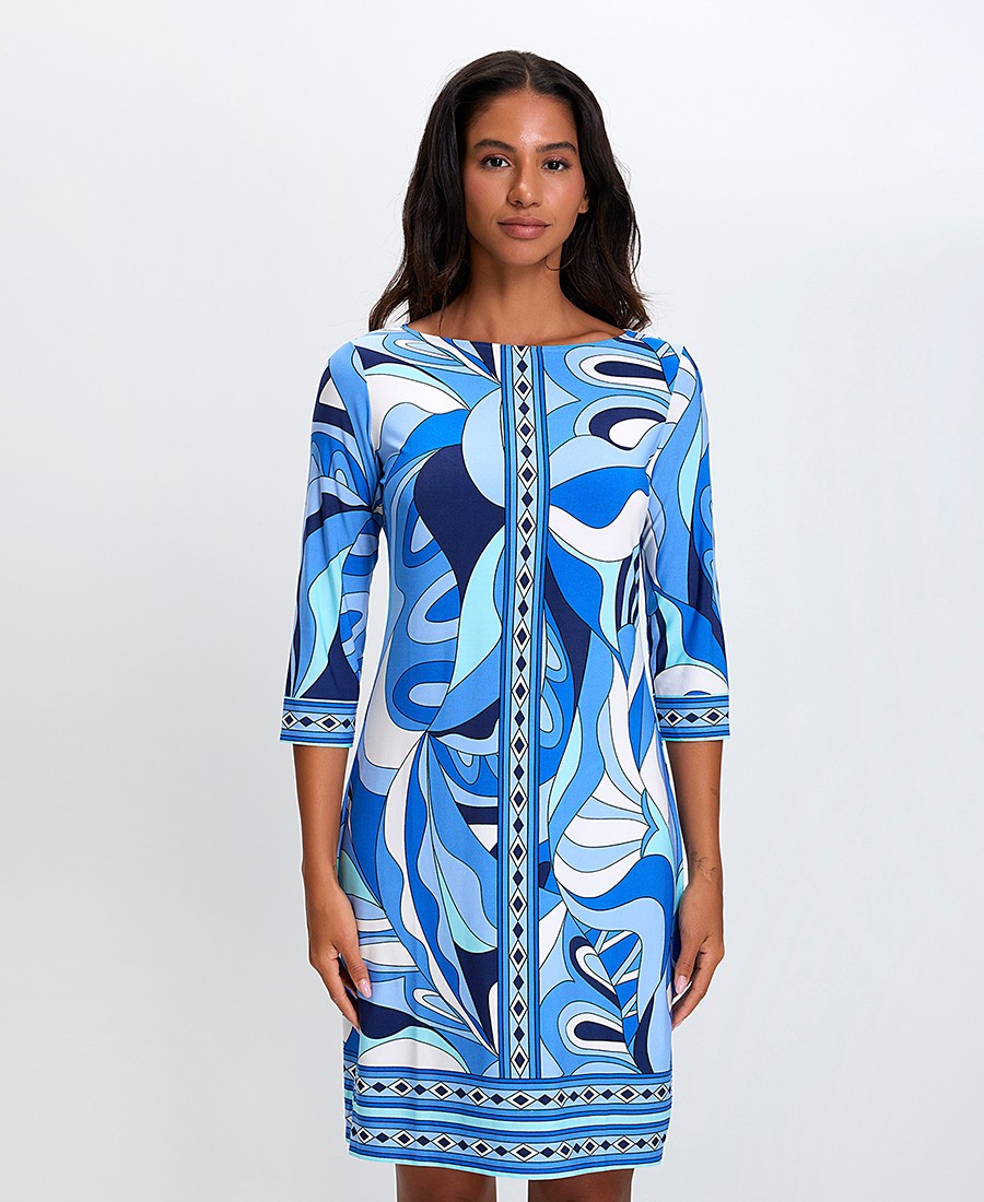 Stella Lorand Γυναικείο Κοντό Φόρεμα με Γεωμετρικό Print και Μανίκι 3/4 Straight Fit σε Μπλε