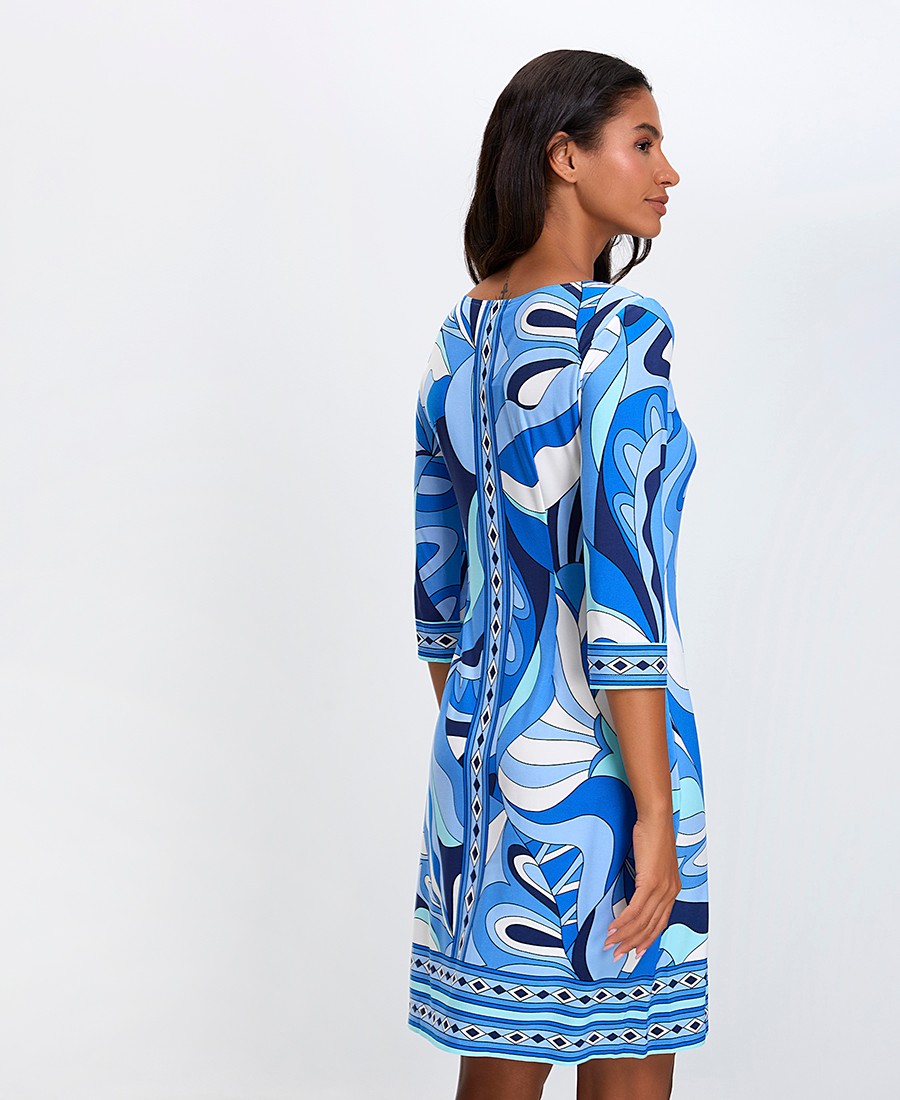 Γυναικείο Κοντό Φόρεμα με Γεωμετρικό Print και Μανίκι 3/4 Straight Fit σε Μπλε φωτογραφία