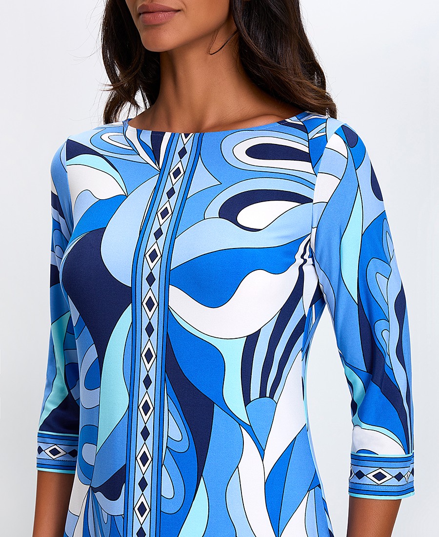 Γυναικείο Κοντό Φόρεμα με Γεωμετρικό Print και Μανίκι 3/4 Straight Fit σε Μπλε φωτογραφία