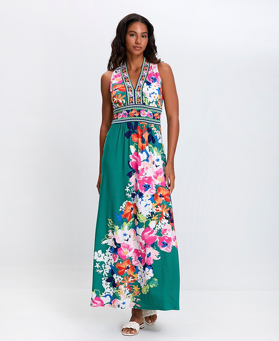 Stella Lorand Γυναικείο Μακρύ Φόρεμα με Λουλουδάτο Print και V-Λαιμόκοψη σε Πράσινο