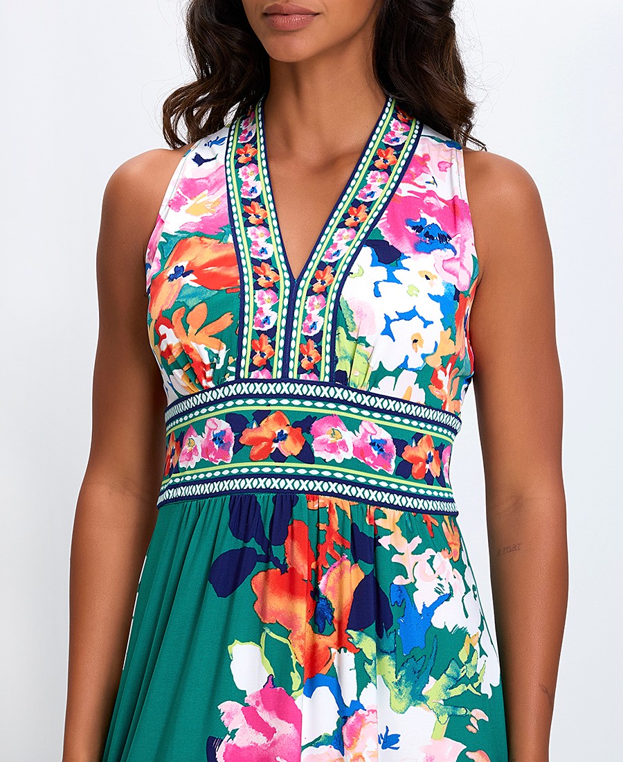 Γυναικείο Μακρύ Φόρεμα με Λουλουδάτο Print και V-Λαιμόκοψη σε Πράσινο φωτογραφία