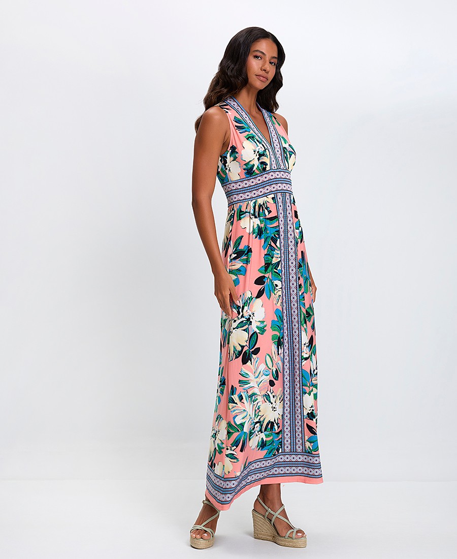 Stella Lorand Γυναικείο Μακρύ Φόρεμα με Φλοράλ Μοτίβο και Διακοσμητικά Περιγράμματα Regular Fit σε Ροζ