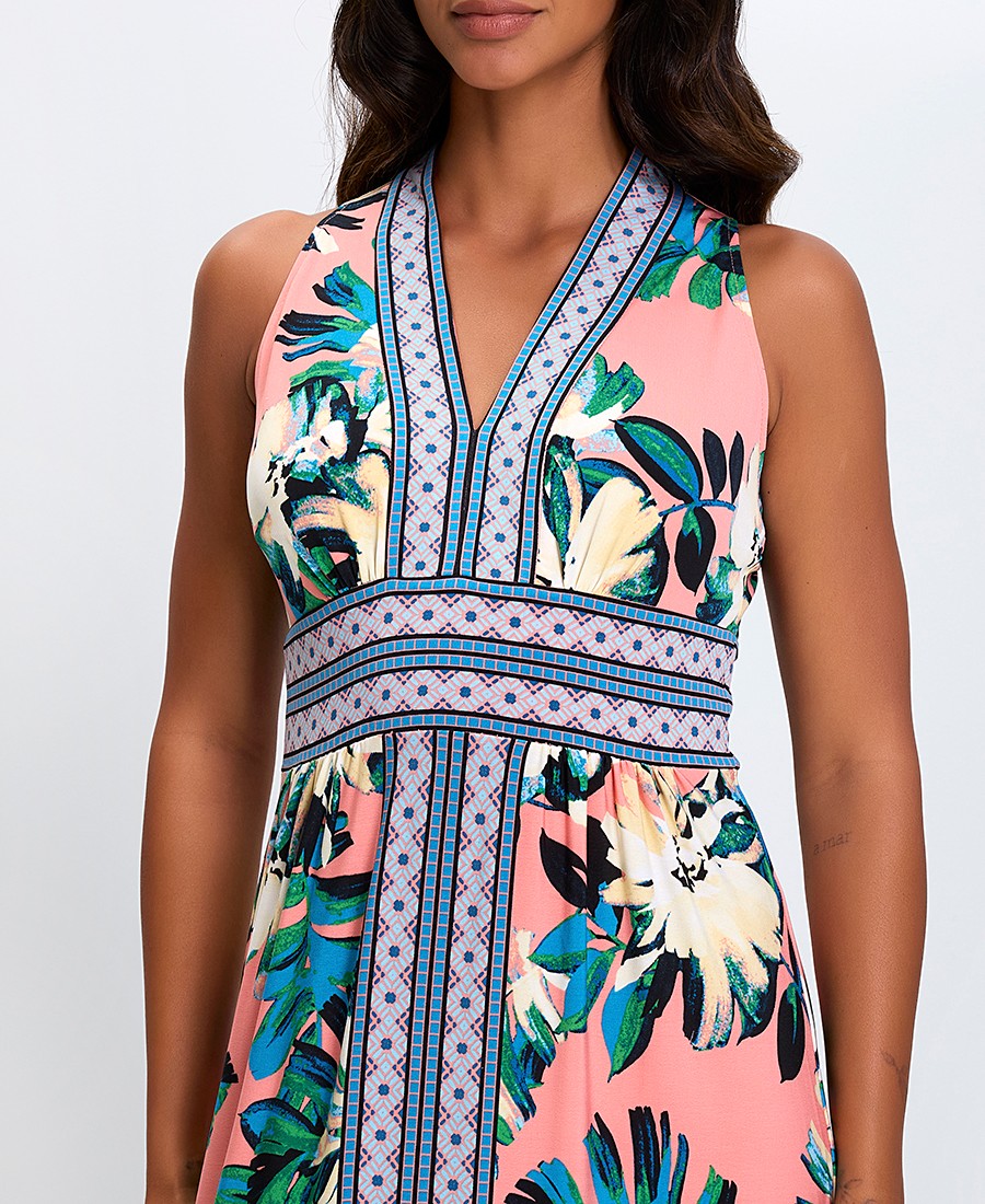 Γυναικείο Μακρύ Φόρεμα με Φλοράλ Μοτίβο και Διακοσμητικά Περιγράμματα Regular Fit σε Ροζ φωτογραφία