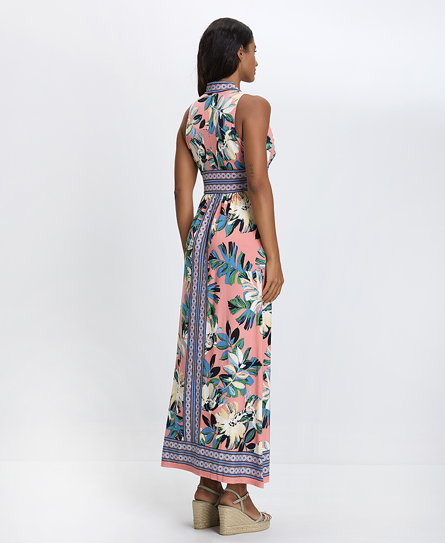Γυναικείο Μακρύ Φόρεμα με Φλοράλ Μοτίβο και Διακοσμητικά Περιγράμματα Regular Fit σε Ροζ φωτογραφία