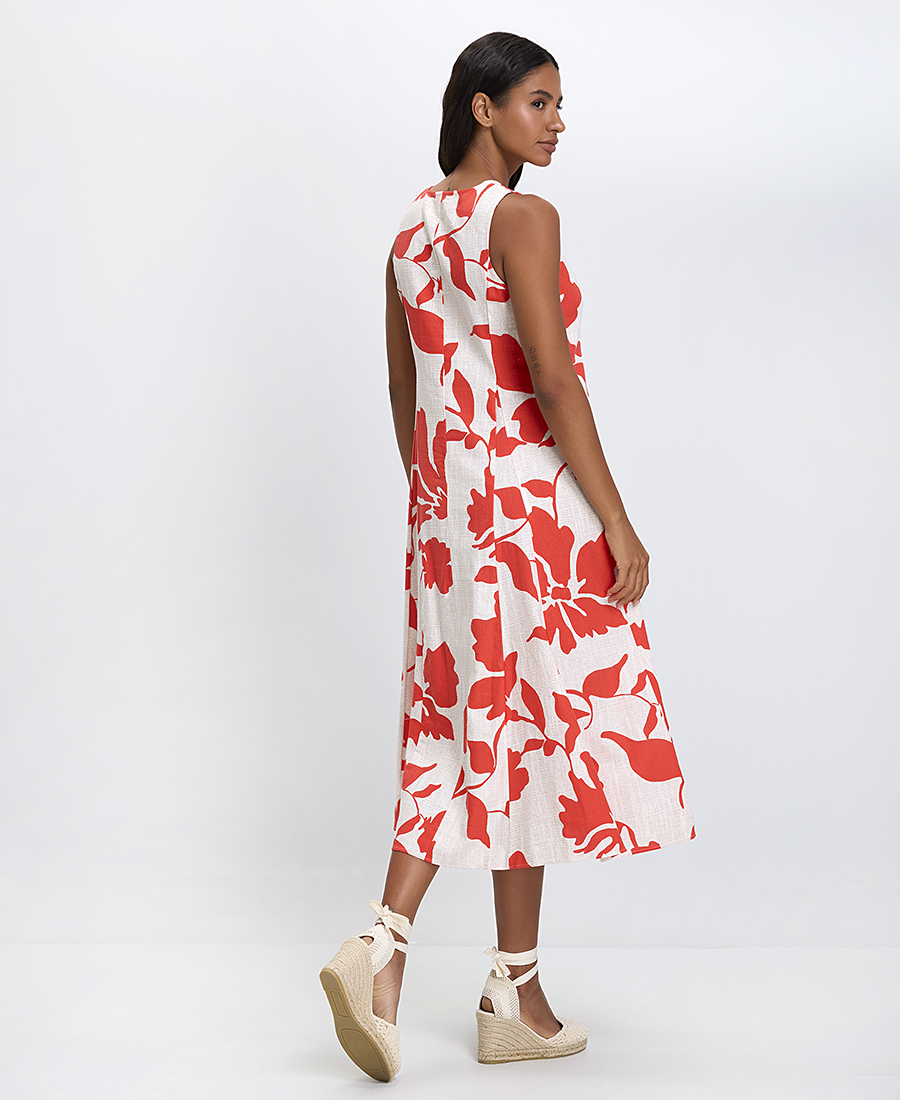 Γυναικείο Midi Φόρεμα A-Line με V Λαιμόκοψη και Floral Print σε Εμπριμέ Κόκκινο φωτογραφία