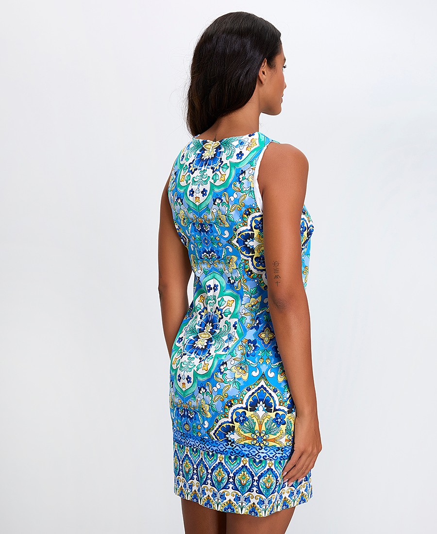 Γυναικείο Κοντό Φόρεμα All Over Print με Στρογγυλή Λαιμόκοψη Straight Fit σε Μπλε φωτογραφία