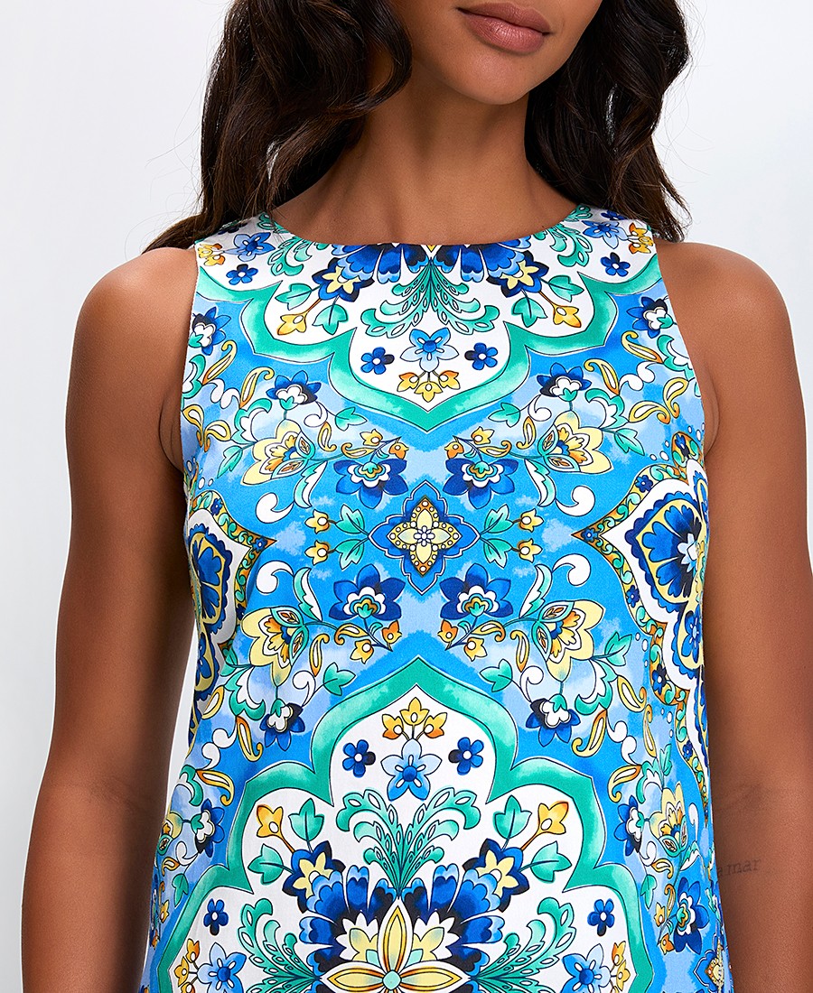 Γυναικείο Κοντό Φόρεμα All Over Print με Στρογγυλή Λαιμόκοψη Straight Fit σε Μπλε φωτογραφία