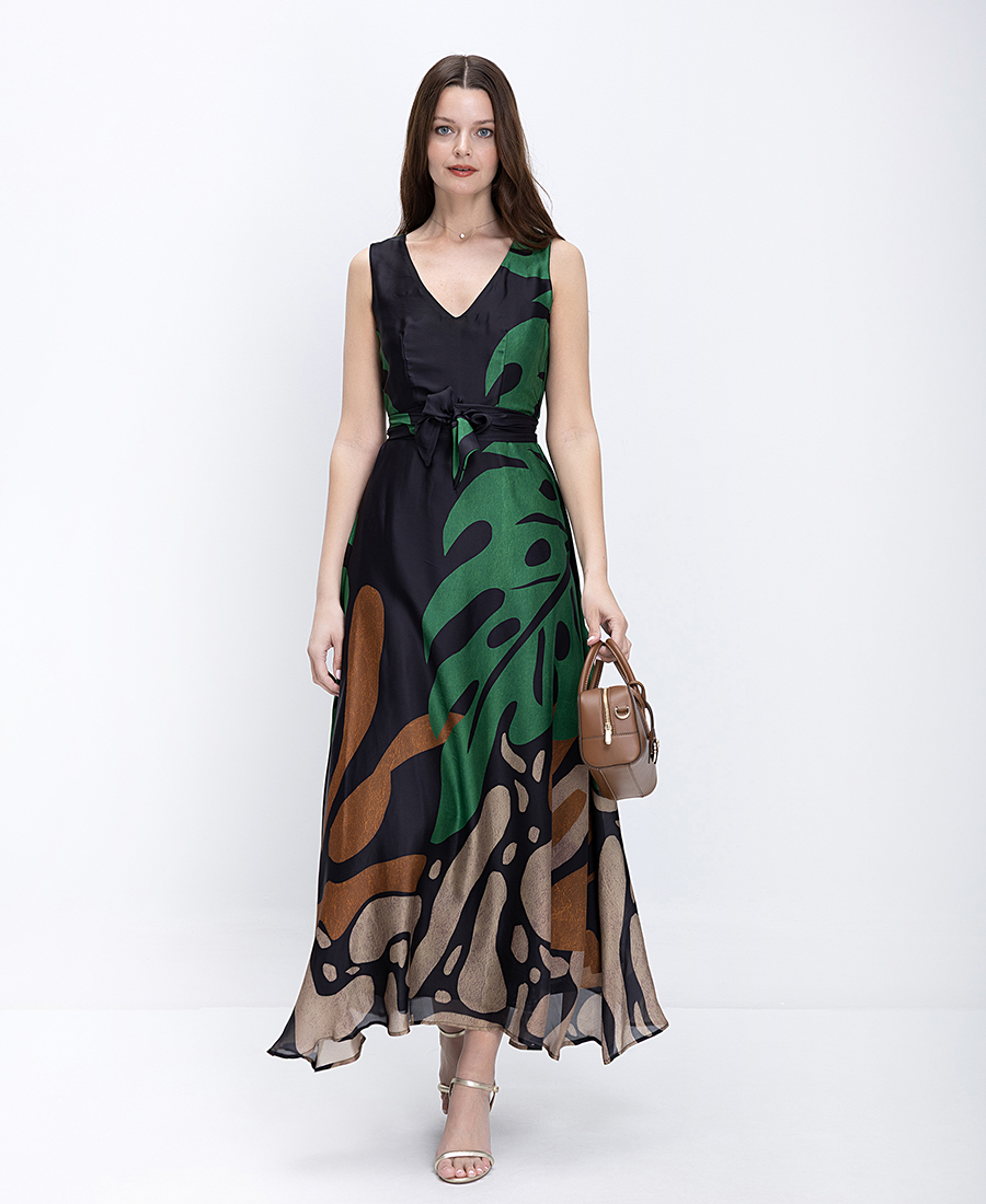 Anonyme Γυναικείο Φόρεμα Regular Fit Maxi Με V Λαιμόκοψη Και Tropical Print