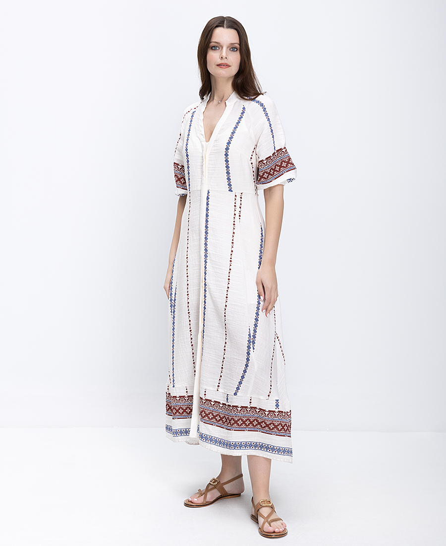 Mina Roo Γυναικείο Φόρεμα Maxi Με Ethnic Κέντημα Και V Λαιμόκοψη