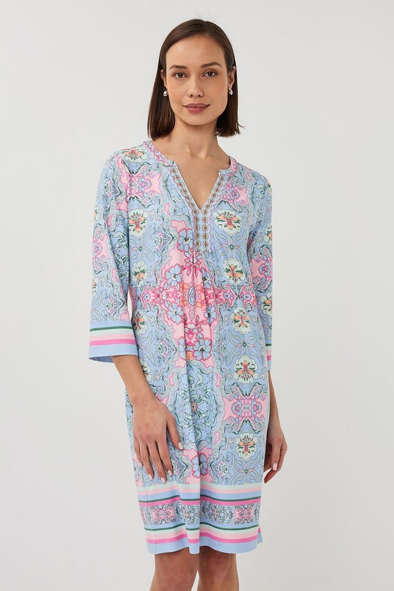 Esqualo Γυναικείο Φόρεμα Μίνι Three Quarter Sleeve Regular Fit Με Print Και Χάντρες Στο Ντεκολτέ