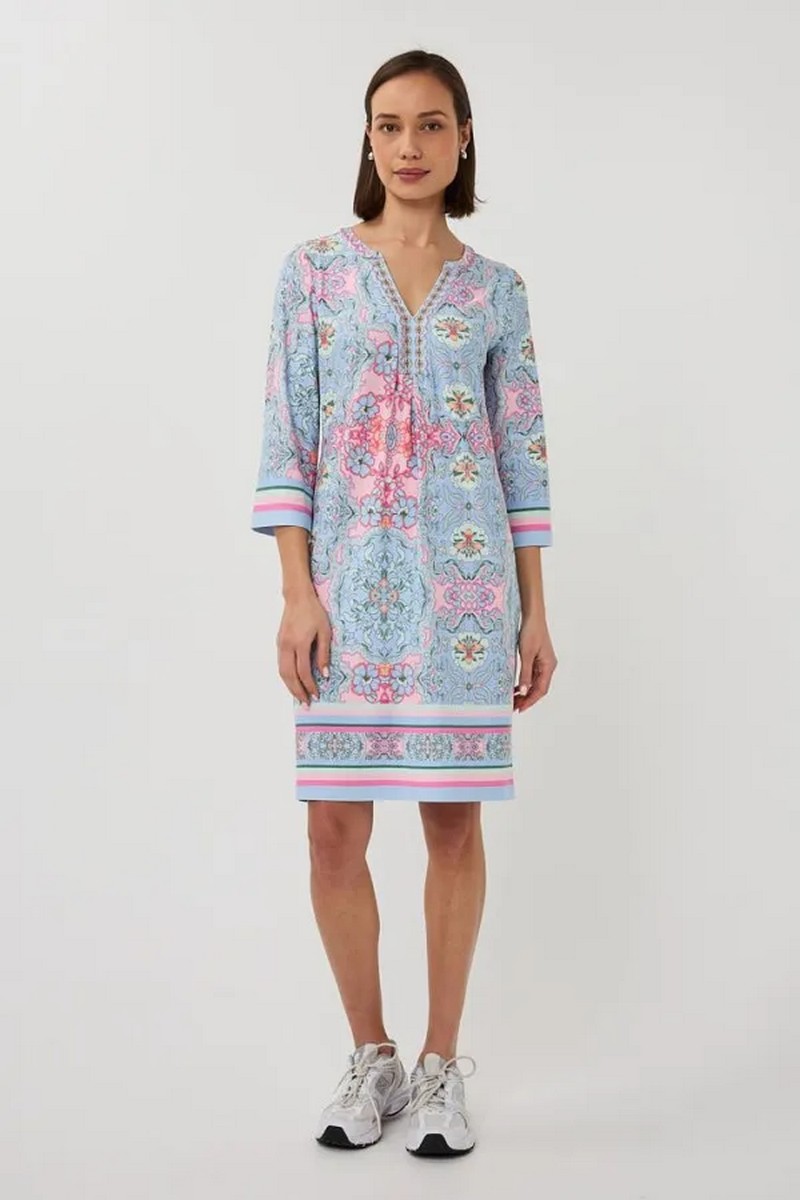 Esqualo Γυναικείο Φόρεμα Μίνι Three Quarter Sleeve Regular Fit Με Print Και Χάντρες Στο Ντεκολτέ