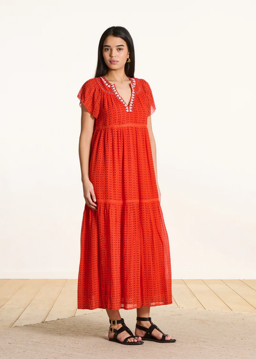 La Fee Maraboutee Γυναικείο Φόρεμα Maxi Regular Fit Με Graphic Print Βολάν Και Κεντημένη Tunisian Λαιμόκοψη