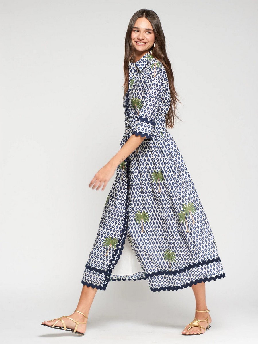 Vilagallo Γυναικείο Φόρεμα Brenda Ikat Palm Print Three Quarter Sleeve Regular Fit φωτογραφία