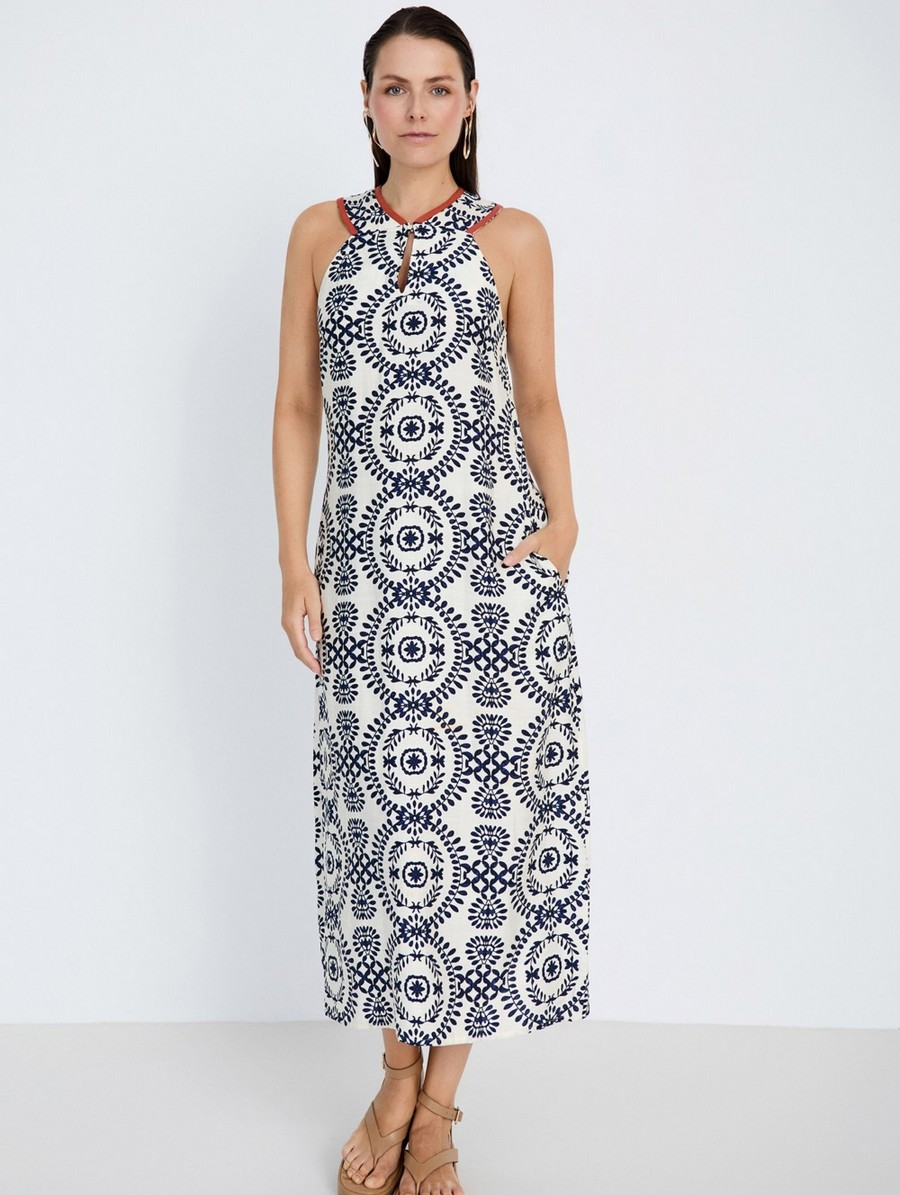 Skatie Γυναικείο Φόρεμα Midi Relaxed Fit Με Ethnic Print Και Halter Λαιμόκοψη