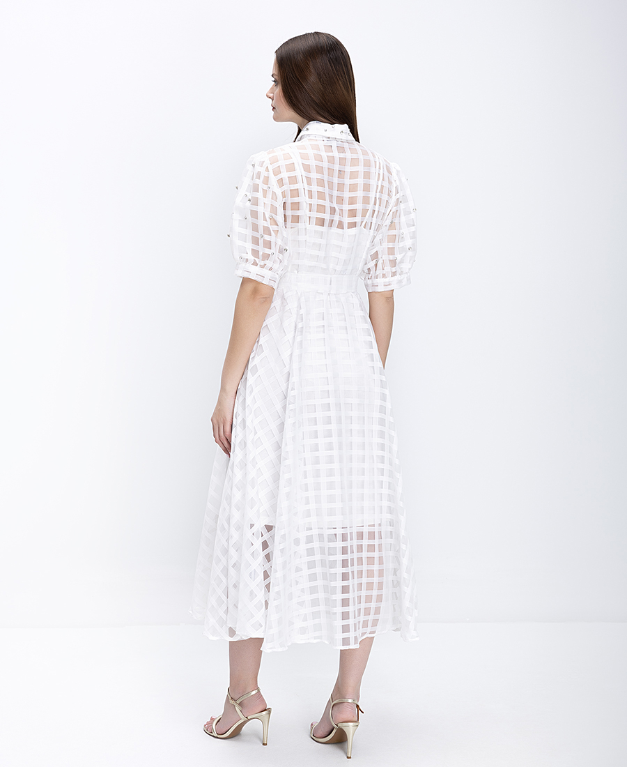 Paper Lace Γυναικείο Φόρεμα Midi Με Διάφανο Καρό Σχέδιο Και Ζώνη φωτογραφία